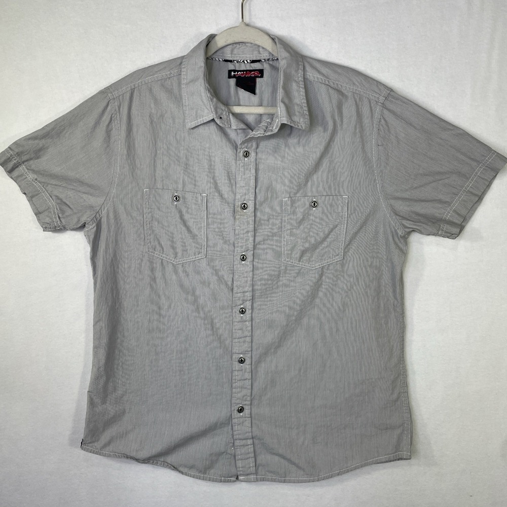 Hawk Men's L Gray Tight Striped Short Sleeve Button Up Pockets
